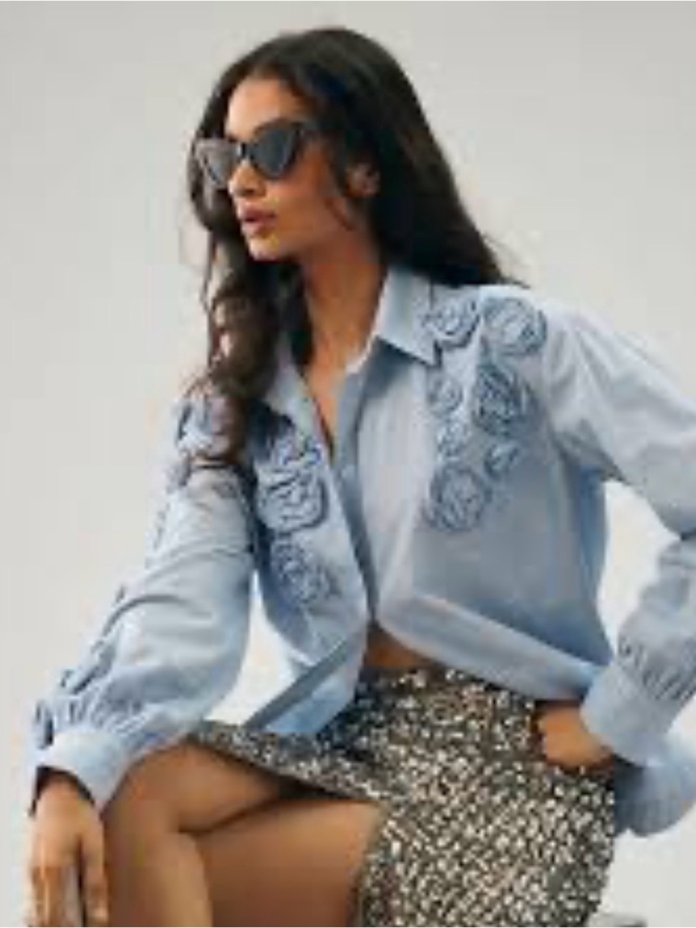 Anthropologie Light Blue Rosette-Embellished Button Shirt Jacket